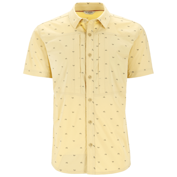 Simms Stone Cold SS Shirt - Men's, light yellow short-sleeve button-up shirt with subtle small fishing lure print, designed for comfort during fishing activities.