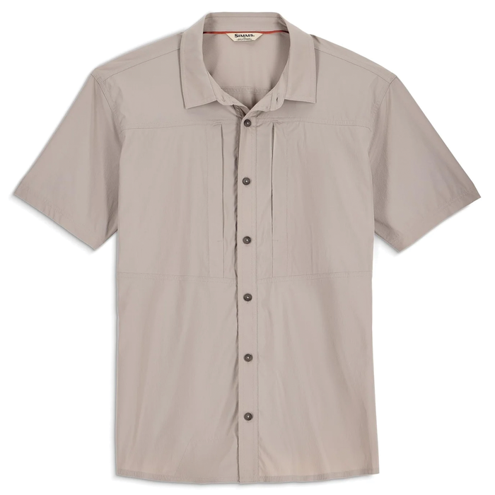 Simms Stone Cold SS Shirt - Men's, beige short-sleeve fishing shirt with button front and classic collar, designed for comfort and durability during outdoor fishing activities.