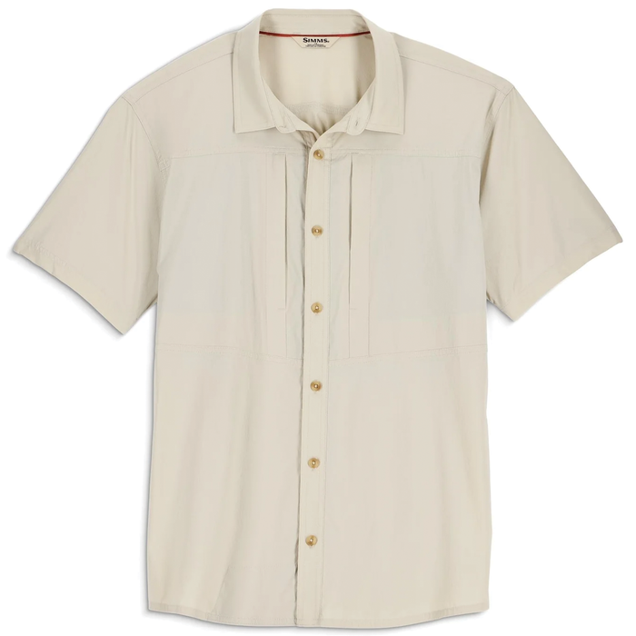 Simms Stone Cold SS Shirt - Men's in light beige with short sleeves, button-front design, and breathable fabric ideal for fishing and outdoor activities.