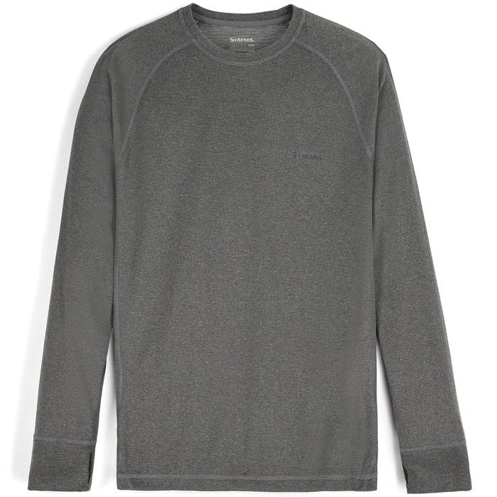 Simms Strata 160 LS Baselayer Crew - Men's in gray, long-sleeve lightweight crew neck shirt designed for layering in fishing and outdoor activities.