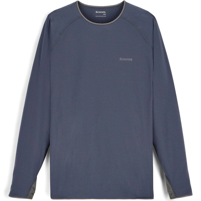 Simms Strata 200 LS Baselayer Crew - Men's features a long-sleeve, dark blue moisture-wicking fabric designed for layering during fishing activities.