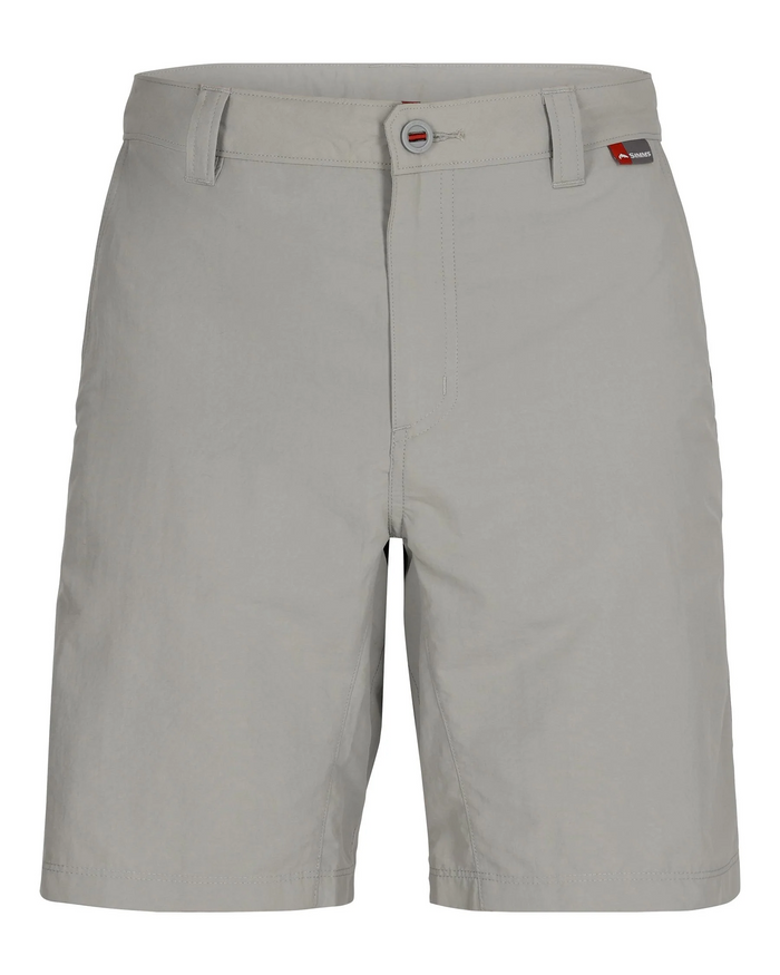 Simms Superlight Short - Men's, light gray fishing shorts with belt loops, button closure, and a small logo tag on the waistband, designed for comfort and mobility.