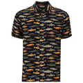 Simms Tailout SS Shirt - Men's features a short-sleeve button-up design with a dark background and colorful fish pattern, ideal for fishing enthusiasts looking for stylish, casual outdoor wear.