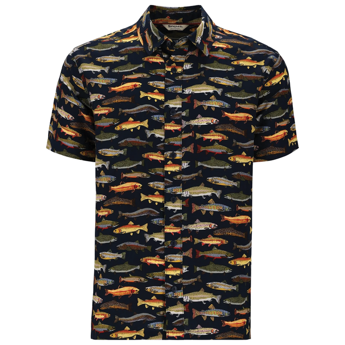 Simms Tailout SS Shirt - Men's features a short-sleeve button-up design with a dark background and colorful fish pattern, ideal for fishing enthusiasts looking for stylish, casual outdoor wear.