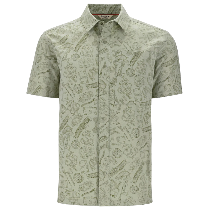 Simms Tailout SS Shirt - Men's, light olive green short-sleeve fishing shirt featuring an all-over subtle fishing gear print and a classic collar for outdoor comfort.