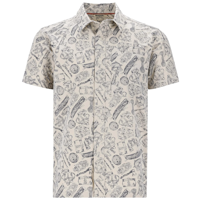 Simms Tailout SS Shirt - Men's, short-sleeve button-up with all-over fishing gear illustrations in muted tones on a light background, designed for casual outdoor and fishing wear.