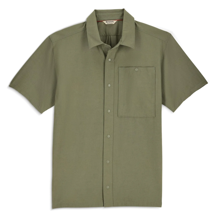 Simms Tailout SS Shirt - Men's, short-sleeve olive green fishing shirt featuring a button-up front and a single chest pocket, designed for comfort and practicality in fishing tackle activities.
