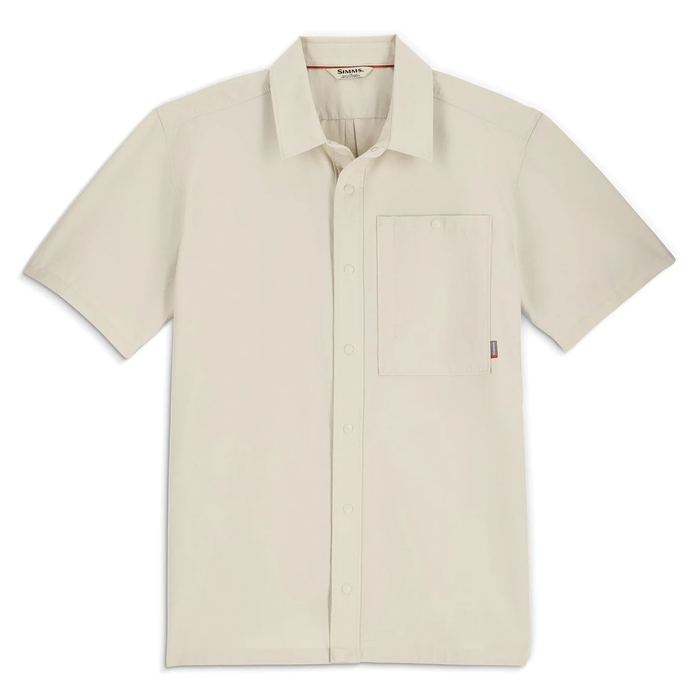 Simms Tailout SS Shirt - Men's in light beige with short sleeves, button-down front, single chest pocket, and classic collar, designed for outdoor fishing comfort.