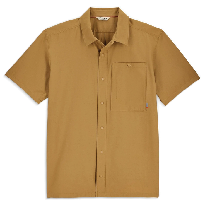 Simms Tailout SS Shirt - Men's short sleeve button-front shirt in tan color with a chest pocket and relaxed fit, designed for outdoor fishing activities.