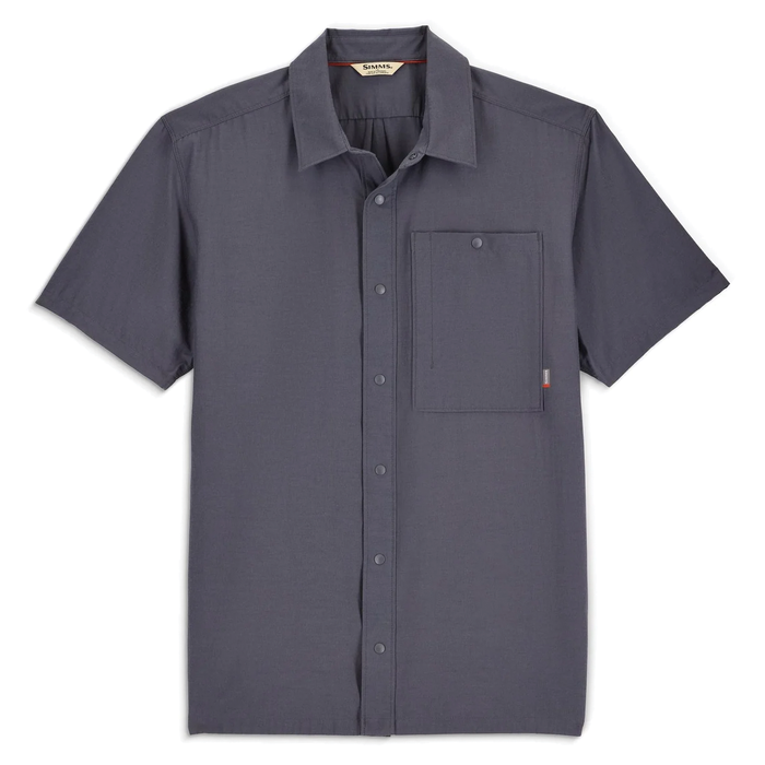 Simms Tailout SS Shirt - Men's in dark gray with short sleeves, a button-up front, and a single chest pocket designed for fishing and outdoor activities.