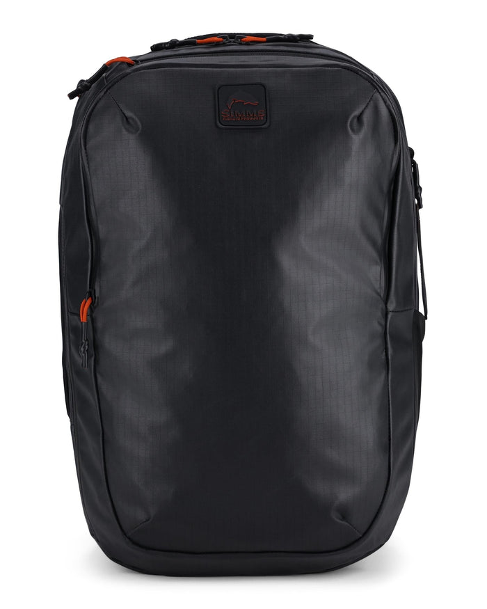 Simms Tailwind Backpack in black with a sleek, durable design featuring a front logo patch and multiple zippered compartments for organizing fishing tackle and gear.