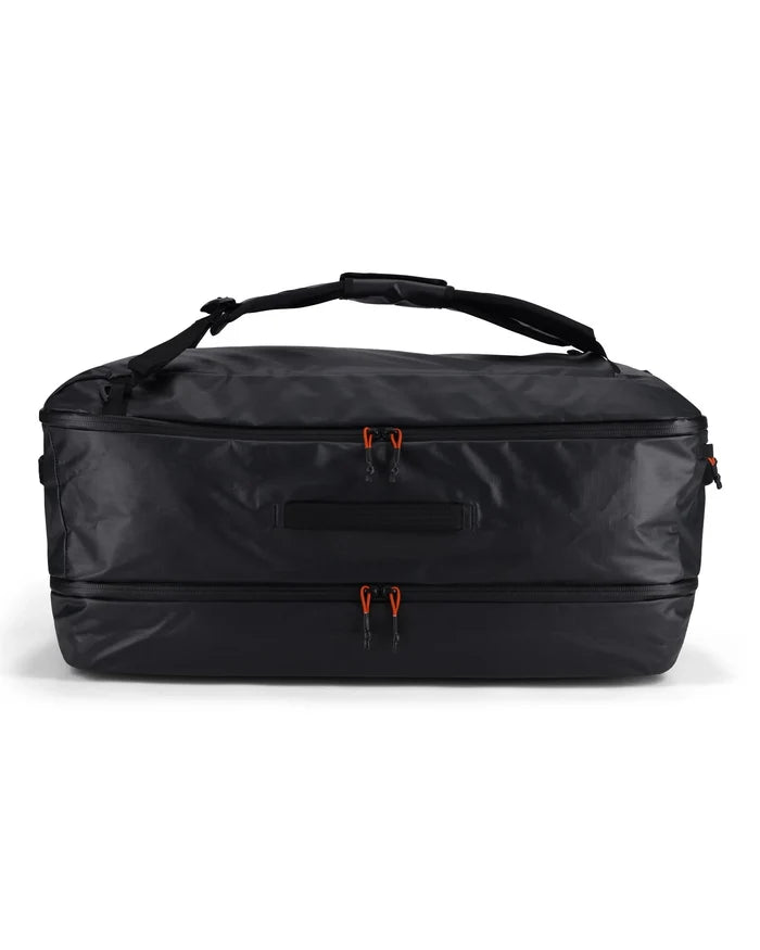 Simms Tailwind Duffel 80L in black with durable, water-resistant material, featuring multiple zippered compartments and padded carry handles for fishing tackle and gear storage.