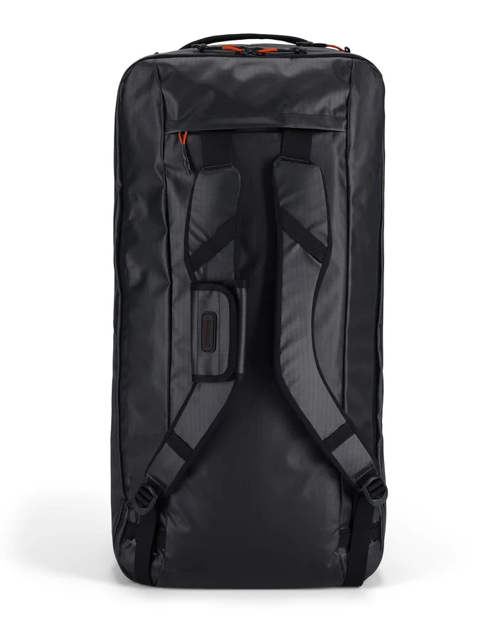 Simms Tailwind Duffel 80L shown from the back, featuring padded adjustable shoulder straps and a sturdy top handle on a black durable material designed for outdoor and fishing gear transport.