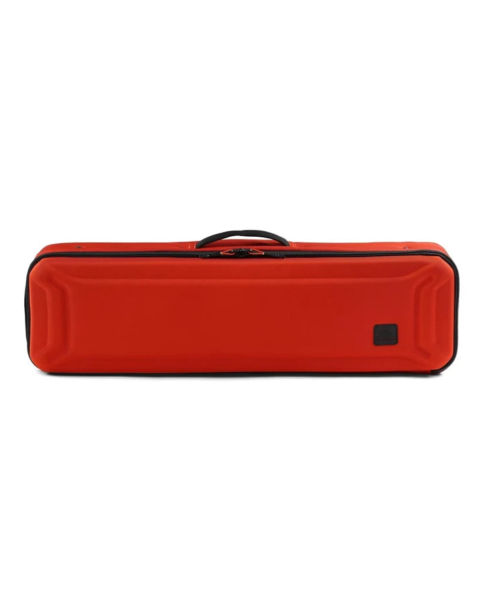 Simms Tailwind Rod & Reel Vault in bright orange with a sturdy handle and zipper closure, designed for secure storage and transport of fishing rods and reels.
