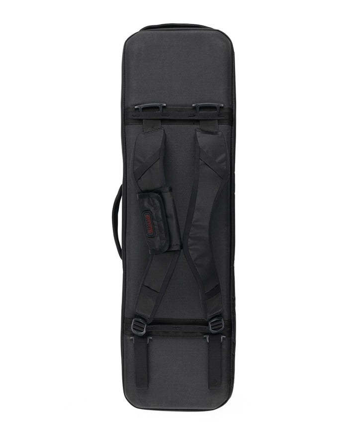 Simms Tailwind Rod & Reel Vault in black, designed for secure and portable storage of fishing rods and reels with padded shoulder straps and a durable exterior.