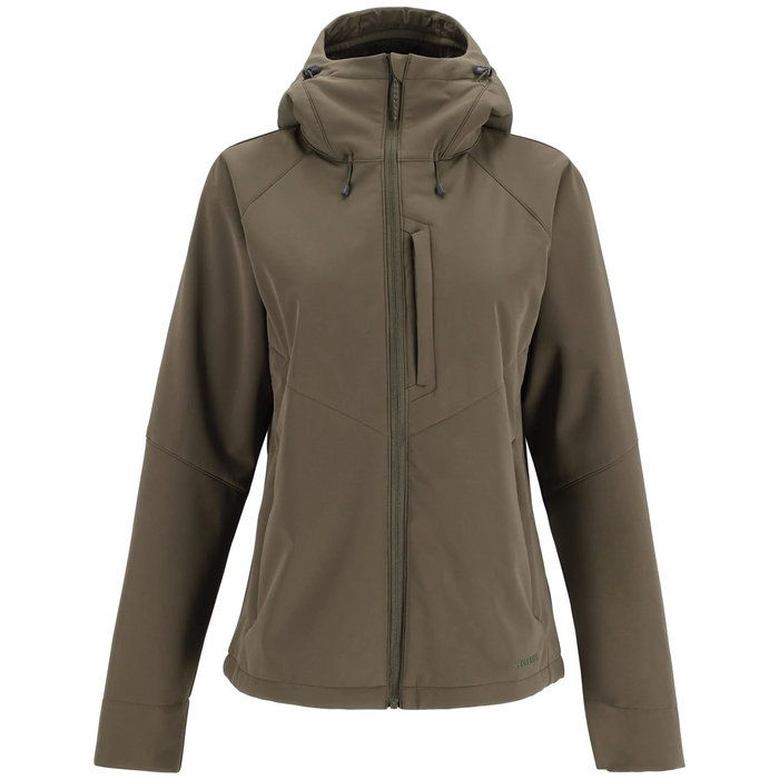 Simms Tamarack Hoody - Women's is an olive green, lightweight, hooded jacket with a front zipper and a vertical zippered chest pocket, designed for outdoor fishing activities.