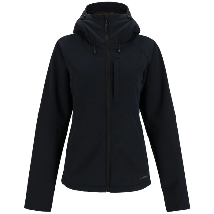 Simms Tamarack Hoody - Women's in black with full zip front, adjustable hood, chest pocket, and long sleeves designed for comfort and protection during fishing and outdoor activities.