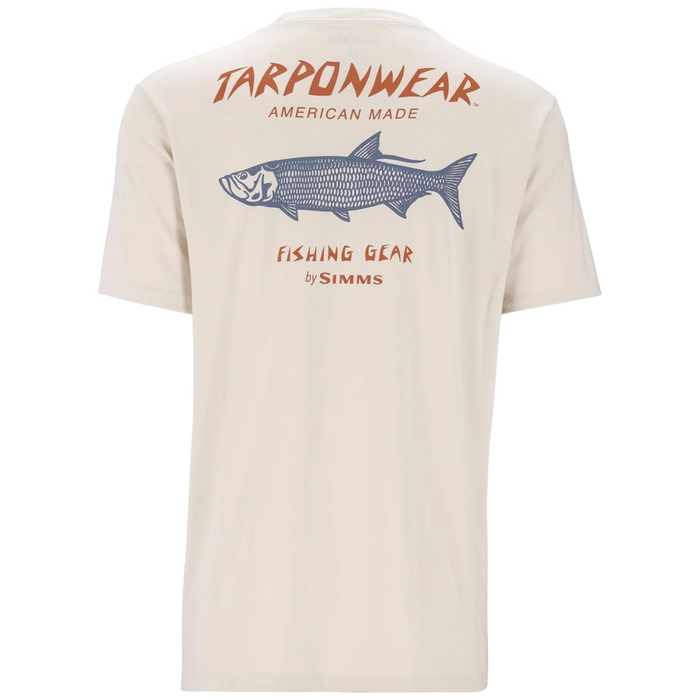 Simms Tarponwear T-Shirt - Men's cream-colored short sleeve shirt with a graphic of a tarpon fish and the text "TARPONWEAR American Made Fishing Gear by Simms" on the back.