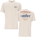 Simms Tarponwear T-Shirt - Men's in light beige with a small fish graphic and the word Simms on the front left chest, and a large fish illustration with "Tarponwear American Made Fishing Gear by Simms" on the back.