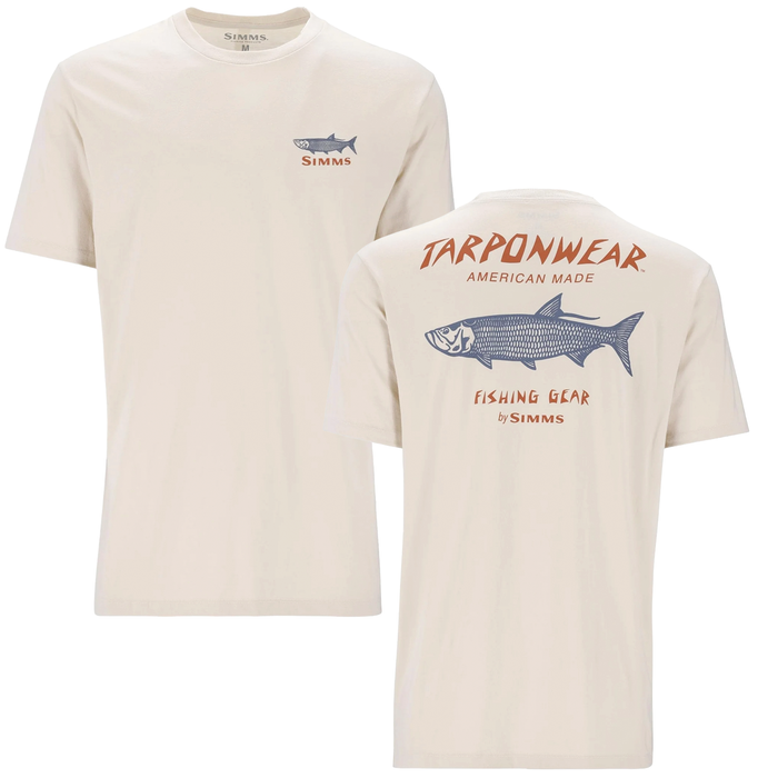 Simms Tarponwear T-Shirt - Men's in light beige with a small fish graphic and the word Simms on the front left chest, and a large fish illustration with "Tarponwear American Made Fishing Gear by Simms" on the back.