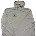 Light gray Simms Thorne Bros. Fly Fishing Logo SolarFlex Hoody with long sleeves, a hood, and printed logo on the front, designed for sun protection during fishing activities.
