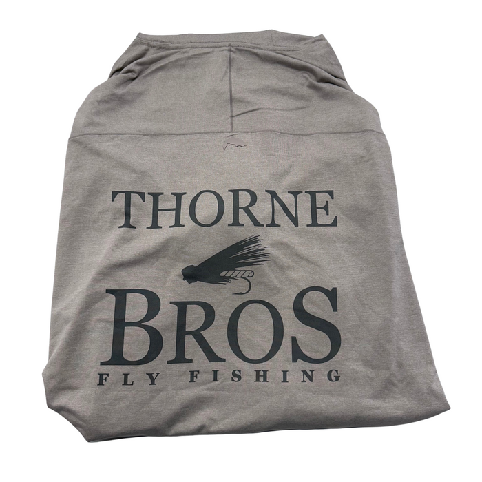 Simms Thorne Bros. Fly Fishing Logo SolarFlex Hoody in muted gray with large black Thorne Bros fly fishing logo and lure graphic printed on the back.