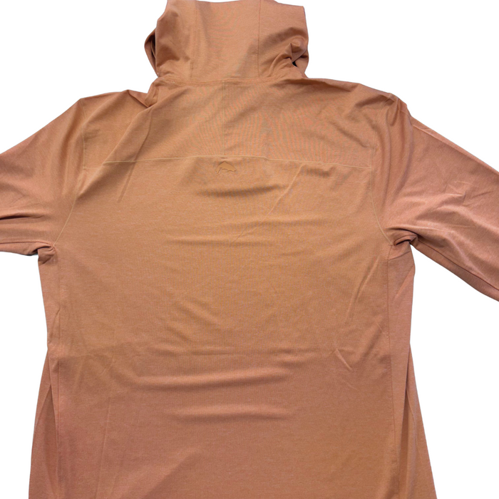 Simms Thorne Bros. Fly Fishing Logo SolarFlex Hoody shown from the back, featuring a lightweight, breathable fabric in a muted brown color with a high collar hood designed for fishing comfort.