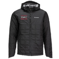 Simms Thorne Bros. Logo Fall Run Insulated Hoody in black with full front zipper, featuring Thorne Bros logo on the chest, designed for warmth and comfort during fall fishing activities.