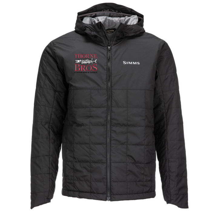 Simms Thorne Bros. Logo Fall Run Insulated Hoody in black with full front zipper, featuring Thorne Bros logo on the chest, designed for warmth and comfort during fall fishing activities.