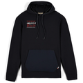 Black Simms Thorne Logo Harbor Hoody with front kangaroo pocket, drawstring hood, and Thorne Bros custom rod and tackle logo on chest, designed for outdoor fishing comfort.