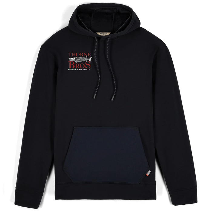 Black Simms Thorne Logo Harbor Hoody with front kangaroo pocket, drawstring hood, and Thorne Bros custom rod and tackle logo on chest, designed for outdoor fishing comfort.