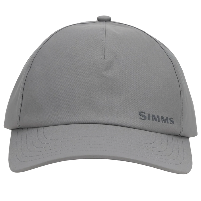 Simms Tongass Rain Cap in gray, designed with a smooth water-resistant fabric and a curved brim, ideal for protecting anglers from rain during fishing activities.