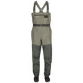 Simms Tributary Stockingfoot Waders - Men's in olive green with adjustable shoulder straps, reinforced knee panels, belt at waist, and attached black stockingfoot booties designed for fishing and outdoor use.