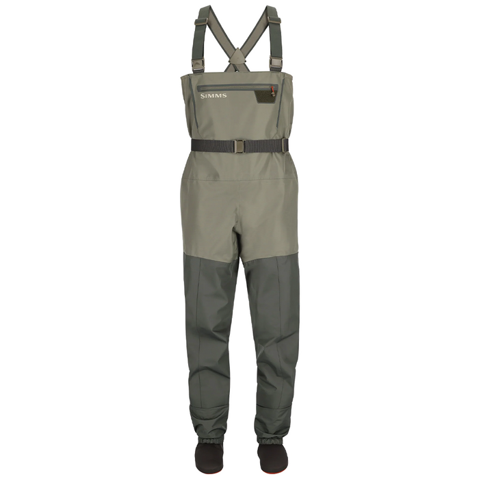 Simms Tributary Stockingfoot Waders - Men's in olive green with adjustable shoulder straps, reinforced knee panels, belt at waist, and attached black stockingfoot booties designed for fishing and outdoor use.