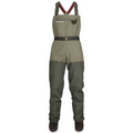 Simms Tributary Stockingfoot Waders - Women's in olive green with adjustable shoulder straps, chest pocket with zipper, integrated belt, and reinforced legs designed for fishing and outdoor water activities.