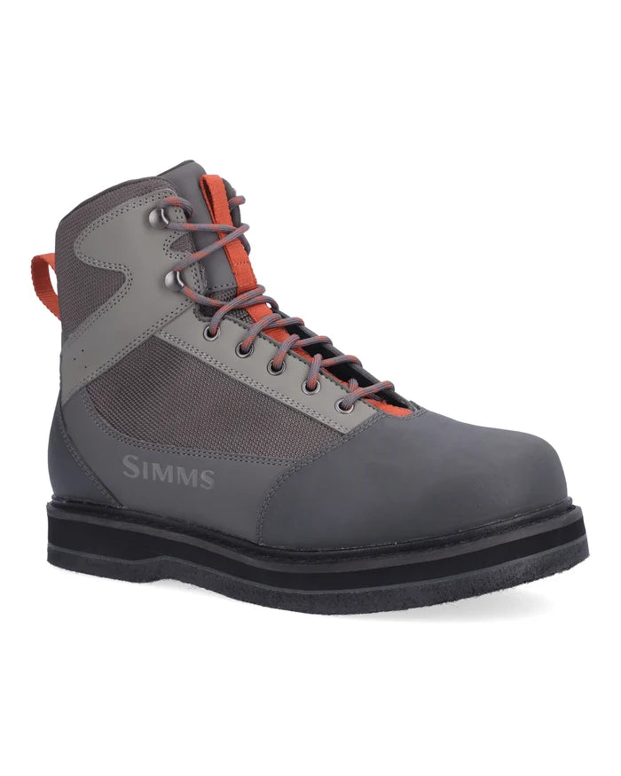 Simms Tributary Wading Boot - Felt Sole in gray with mesh panels, lace-up front, and reinforced toe, designed for durability and comfort in fishing tackle use.