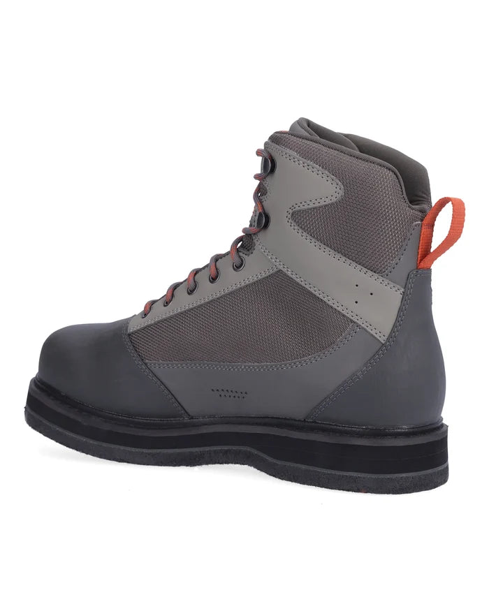Simms Tributary Wading Boot - Felt Sole in gray and black with orange pull tab, featuring durable mesh and leather upper, designed for fishing and outdoor use.
