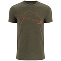 Simms Trout Outline T-Shirt in olive green featuring an orange trout outline graphic and Simms logo on the chest, made of soft, comfortable fabric for fishing enthusiasts.