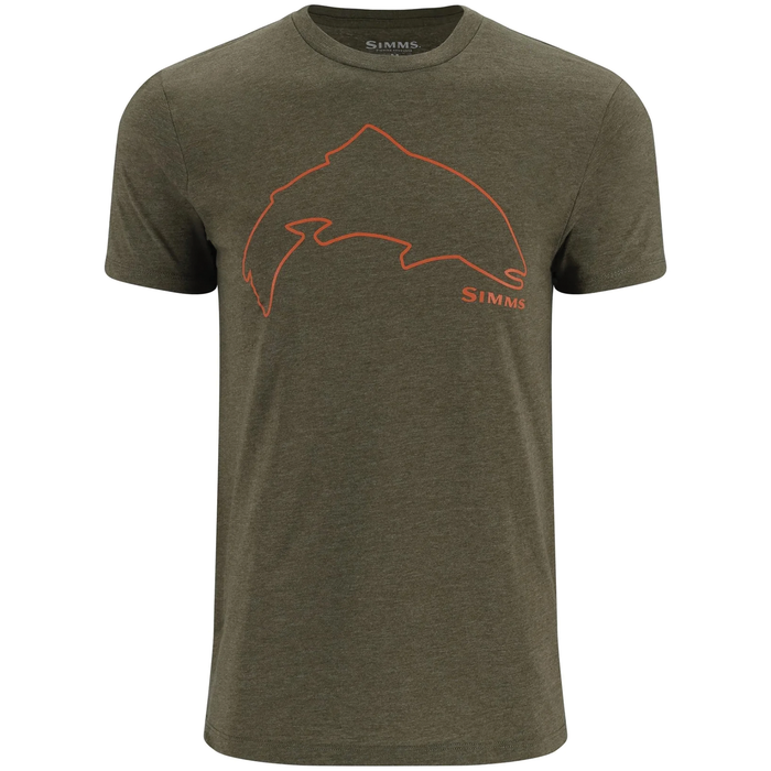 Simms Trout Outline T-Shirt in olive green featuring an orange trout outline graphic and Simms logo on the chest, made of soft, comfortable fabric for fishing enthusiasts.