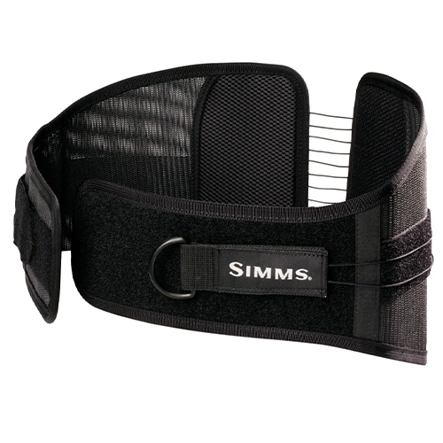 Simms Wading Belts in black mesh and fabric with adjustable Velcro straps and a metal D-ring, designed for comfort and support during fishing activities.