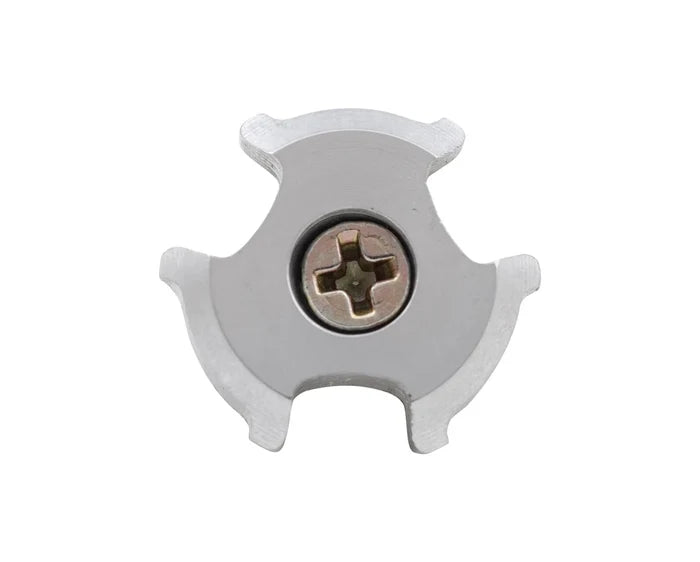 Close-up of a silver three-pronged metal cleat with a central screw, designed for attaching to footwear, shown against a white background, representing a Simms Wading Boot Cleats fishing tackle accessory.