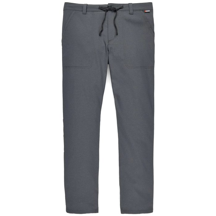 Simms Wanaka Pants - Men's in dark gray with a straight-leg fit, featuring an adjustable drawstring waist and front patch pockets, designed for outdoor fishing comfort and durability.