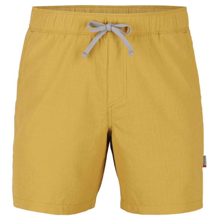 Simms Wanaka Short - Men's in mustard yellow with an elastic waistband and gray drawstring, designed for comfort and versatility in outdoor and fishing activities.