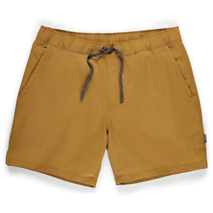 Simms Wanaka Short - Men's in tan color, lightweight quick-drying fabric with elastic waistband and adjustable drawstring, designed for comfort during fishing and outdoor activities.