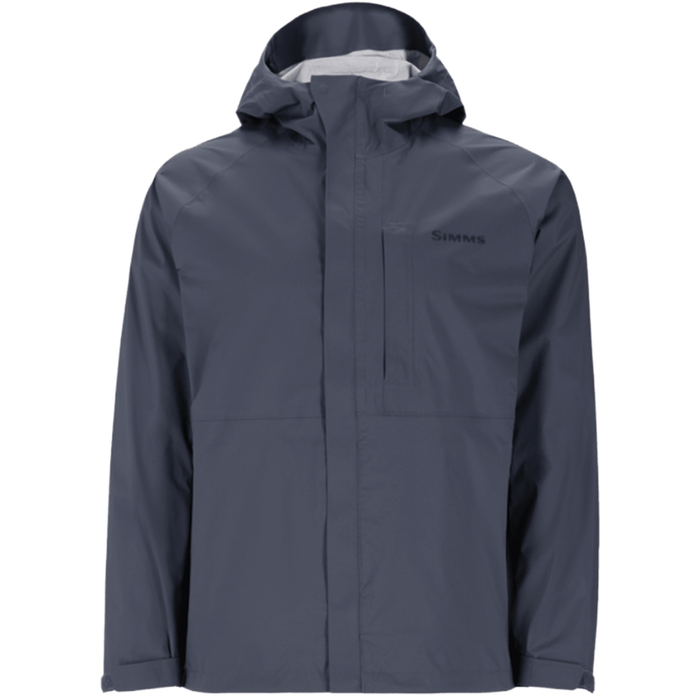 Simms Waypoints™ Jacket - Men's in dark gray with waterproof fabric, adjustable hood, chest pocket, and full front zipper designed for fishing and outdoor activities.
