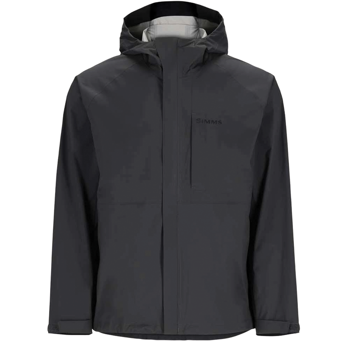 Simms Waypoints™ Jacket - Men's in black, waterproof hooded fishing jacket featuring chest pocket and adjustable cuffs, designed for outdoor fishing and marine activities.