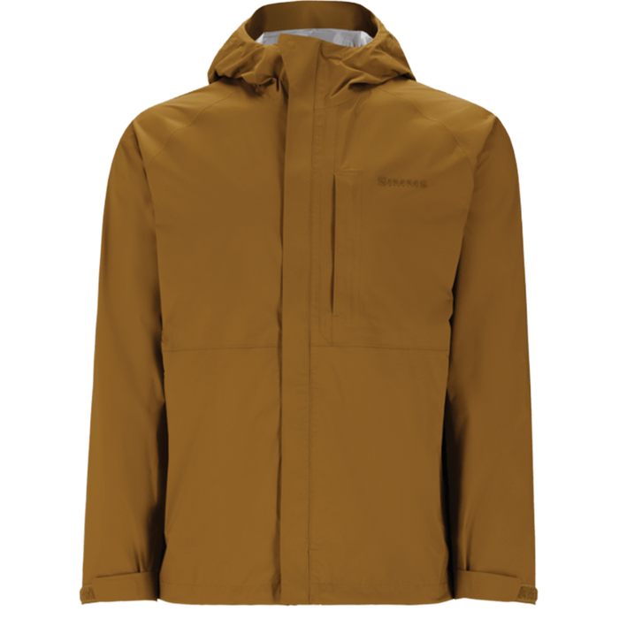 Simms Waypoints™ Jacket - Men's in brown, featuring a hood, full front zipper with a storm flap, a vertical chest pocket, and adjustable cuffs, designed for outdoor fishing activities.