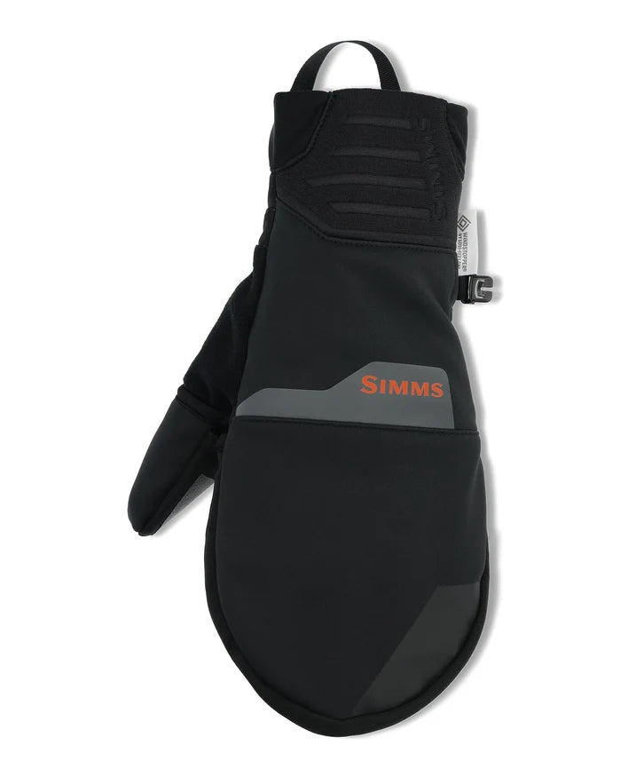 Simms Windstopper Foldover Mitt in black with gray accents, featuring a foldover design for versatile use, durable material, and a loop for easy hanging, ideal for fishing tackle protection.
