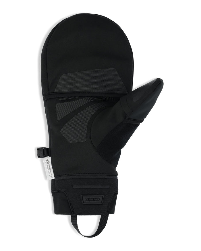 Black Simms Windstopper Foldover Mitt designed for fishing, featuring a fold-over mitten flap, reinforced palm grip areas, and adjustable wrist strap for warmth and dexterity.
