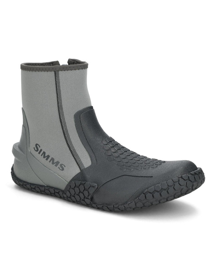 Simms Zip Bootie in gray and black neoprene with textured rubber sole and reinforced toe, designed for fishing tackle use and water protection.